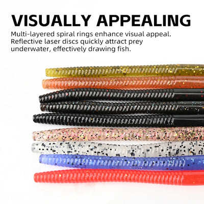 Stacked multicolor silicone worm baits with glitter speckles and spiral ridges