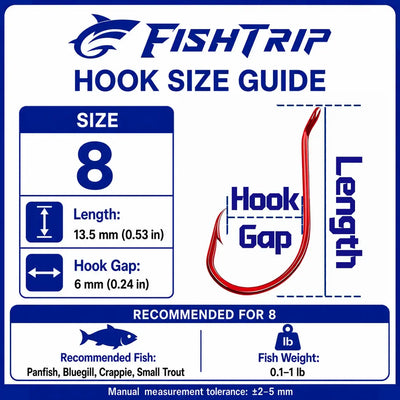 Fish hook size guide card for Size 8, shows hook length and gap measurements