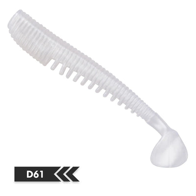 White translucent soft fishing lure swimbait with ribbed segmented body and curved tail