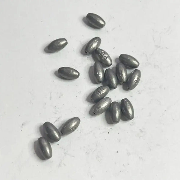 Olive hollow lead sinkers, dark metallic teardrop sinkers with small central hole