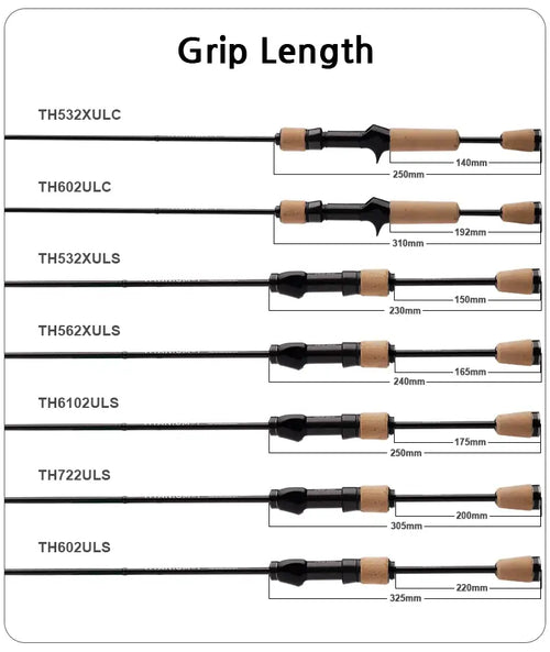 Multiple lure rod grip lengths chart with black shafts and cork handles (TH series models)