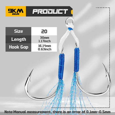 Steel assist fishing hooks with blue feather strands and solid rings, size 20