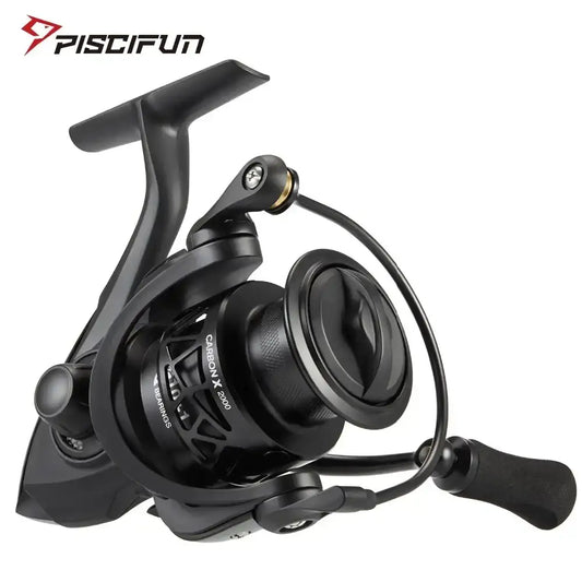 Black spinning fishing reel with curved handle and large front drag knob
