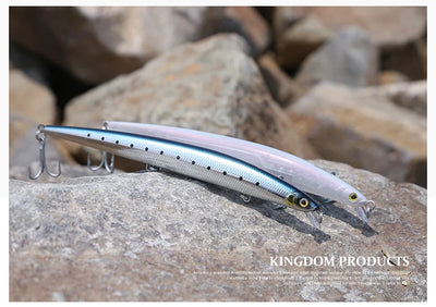 Kingdom Isca artificial fishing lure on rocks, silver-blue body with treble hooks