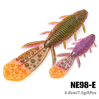Pack of 6 artificial silicone shrimp soft lures, orange-green with speckles