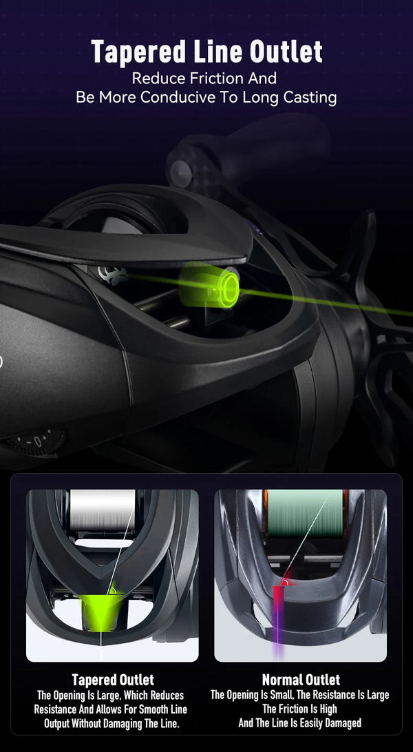 Black baitcasting reel with highlighted tapered line outlet area