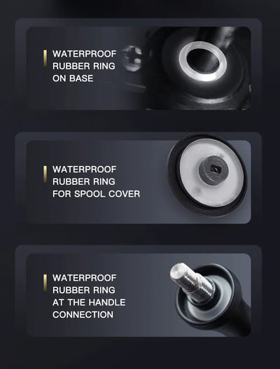 Water-sealed rubber rings on spinning reel base, spool cover, and handle