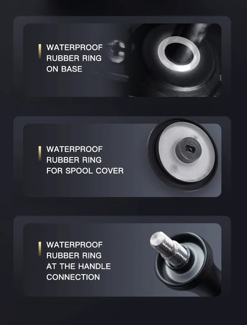 Water-sealed rubber rings on spinning reel base, spool cover, and handle