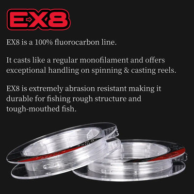 Tsurinoya EX8 fluorocarbon fishing line coils on spool, clear line loops