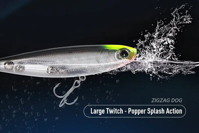 Topwater walking dog fishing lure with silver-gray body and green eye, splashing action
