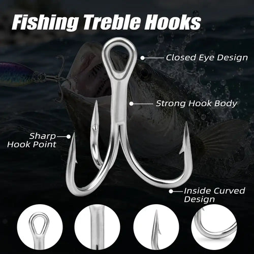 Silver treble fishing hook with closed eye, sharp points, strong body, inside-curved