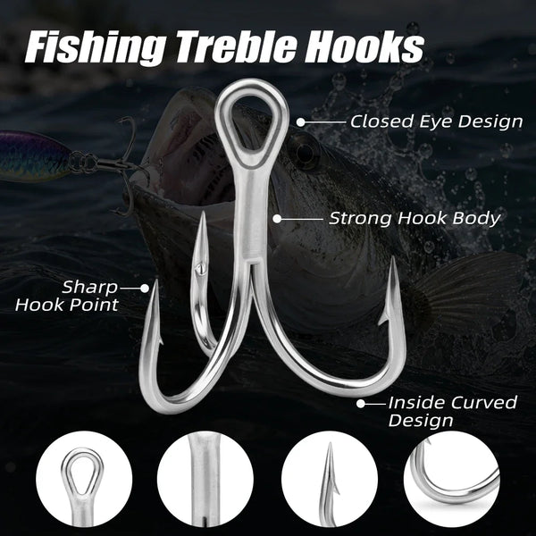 Silver treble fishing hook with closed eye, sharp points, strong body, inside-curved