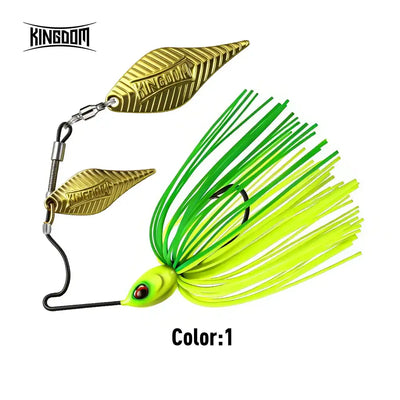 Green and yellow skirted double-willow spinnerbait lure with gold metal blades and hook