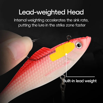 Red-pink fishing lure with lead-weighted head, metal hook, and yellow label