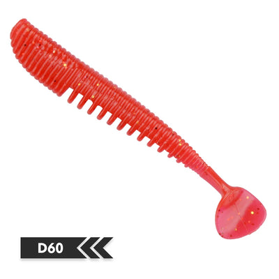Soft fishing lure, bright red translucent silicone bait, ribbed body, red-speckled paddle tail