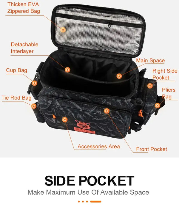 Black tackle bag with mesh top lid, zip compartments, and side pocket system
