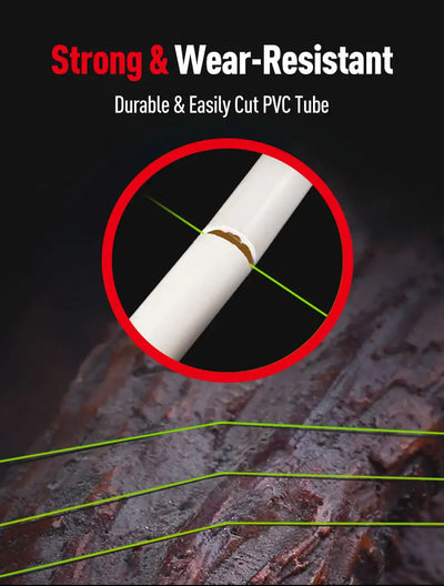 Green braided fishing line in a white PVC tube cross-section sample