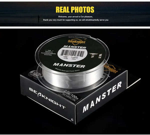 Fishing line spool with MANSTER T1 label on a SeaKnight branded box