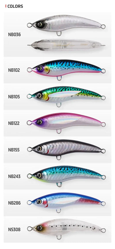 Color chart of floating stickbait lures showing multiple finishes with center body hook