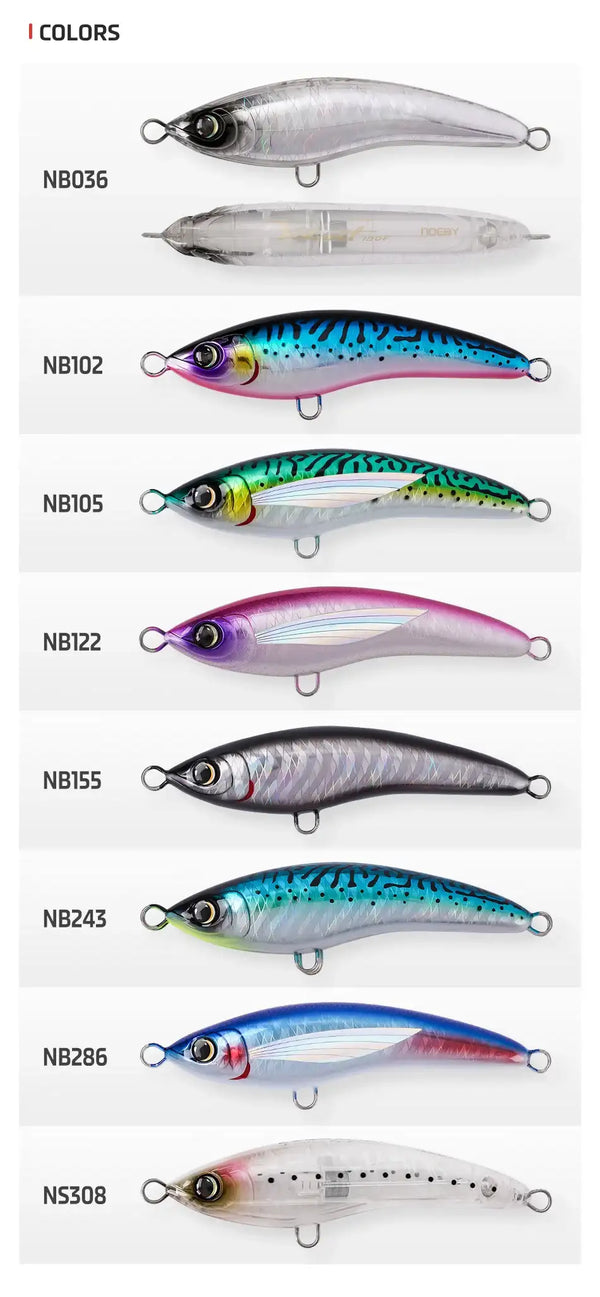 Color chart of floating stickbait lures showing multiple finishes with center body hook