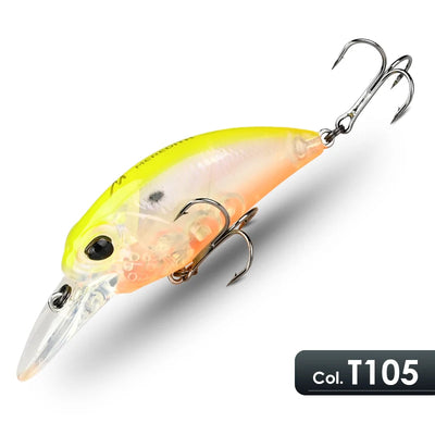 Crankbait lure with translucent chartreuse-yellow and orange accents, treble hooks.