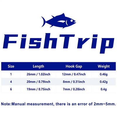 Drop shot hook size chart with length, hook gap, and weight for multiple sizes