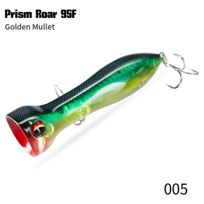 Floating topwater lure, green-gold body with dark scales and treble hooks