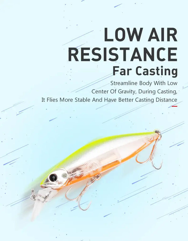 Sinking minnow fishing lure set with streamlined body for low-air resistance casting