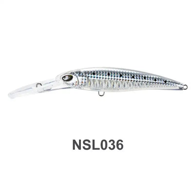 Deep diver trolling minnow lure, silver body with small scale pattern and clear diving lip