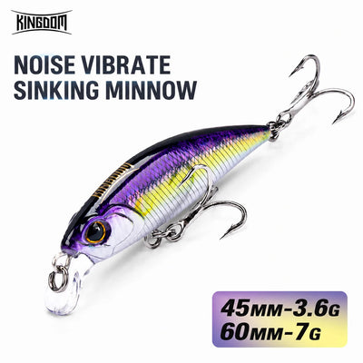 Sinking minnow lure, purple and silver body with yellow stripe, with two treble hooks