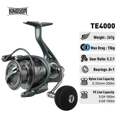 Spinning fishing reel with spare spool, silver-gray frame and black reel handle