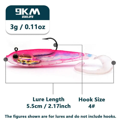 Pink soft paddle-tail swimbait lure with translucent tail fin and jig head