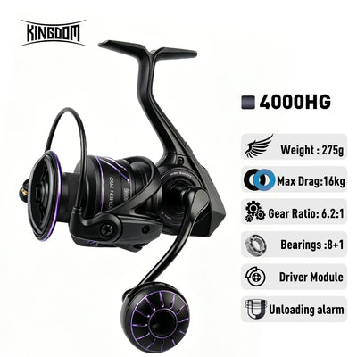 Black saltwater spinning reel with purple accents, 4000HG, max drag 16kg