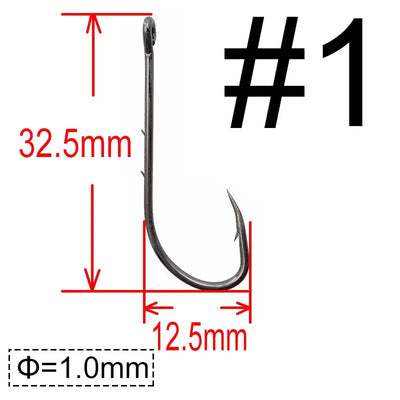 Long-shank baitholder hook size #1, dark metal, size diagram