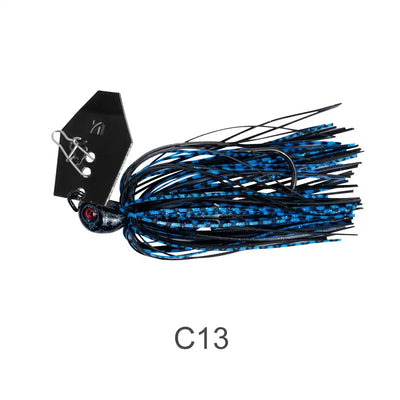 Bladed chatterbait jig with blue metallic skirt strands and dark blade