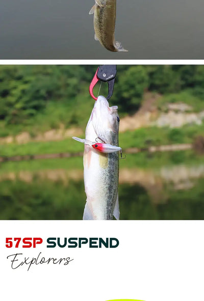 Fishing minnow lure with white body and red eye spot, treble hook side