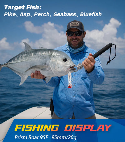 Floating fishing lure held with target-fish style design card in background