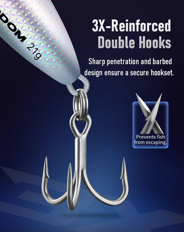 Metallic casting jig lure with three treble hooks and welded split ring loop