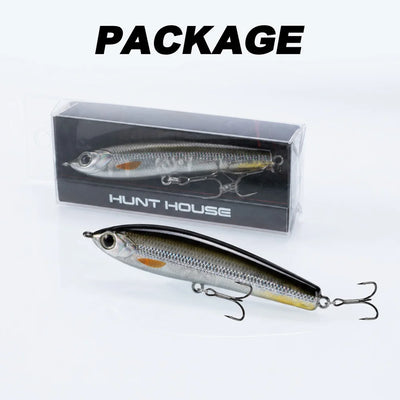 Pencil fishing lure in clear box package, metallic yellow-gold color