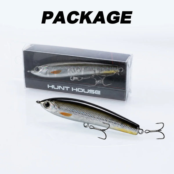 Pencil fishing lure in clear box package, metallic yellow-gold color