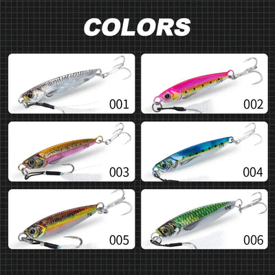 Assorted metal jig lure colors on a grid, each with silver treble hooks and rings.