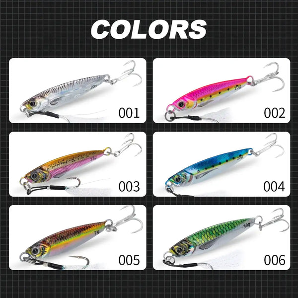Assorted metal jig lure colors on a grid, each with silver treble hooks and rings.