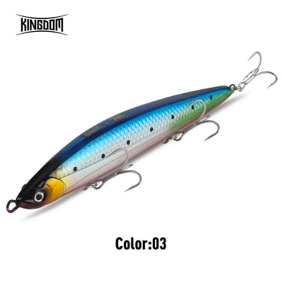Sinking pencil fishing lure, blue top with green stripe, 3 treble hooks