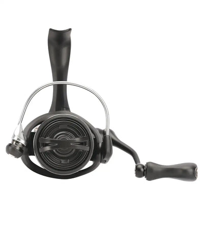 Spinning fishing reel top view with black spool cover and curved handle arm.