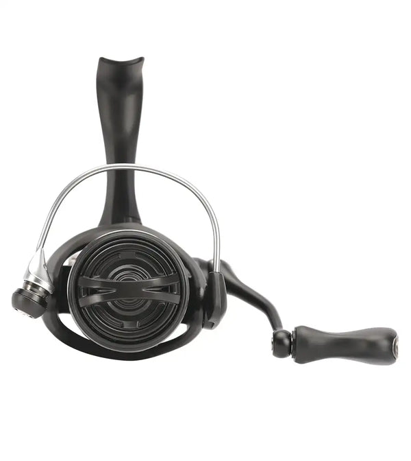 Spinning fishing reel top view with black spool cover and curved handle arm.