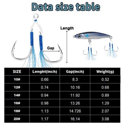 Fishing assist hook set with blue feather strands and curved metal hooks
