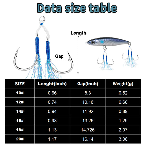 Fishing assist hook set with blue feather strands and curved metal hooks