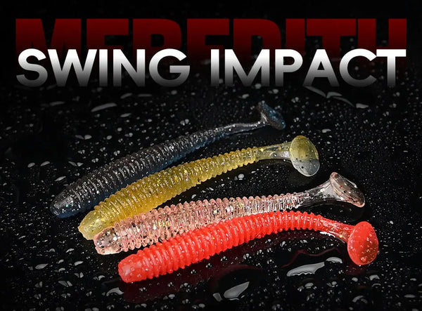 Swing impact swimbaits with glittery bodies in dark blue, chartreuse, pink, and red