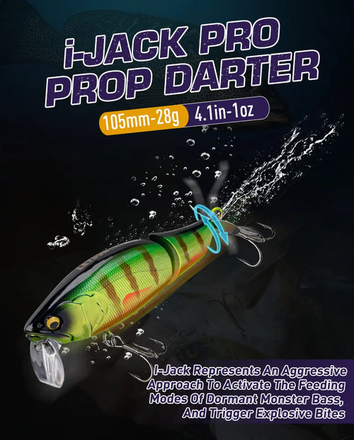 Green and yellow prop bait lure with red stripe, silver lip, and rotating tail propeller