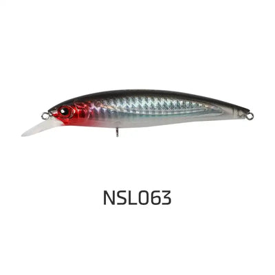 Red and silver floating minnow jerkbait with pointed lip and treble hooks